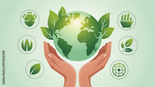 Eco friendly globe, green earth, sustainable planet, environmental icons, hand holding world