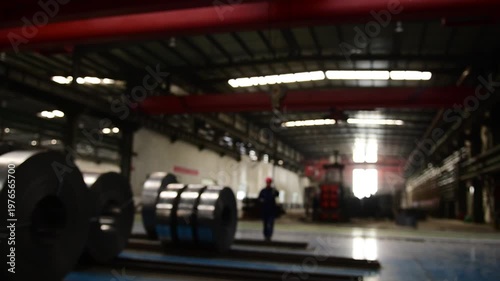 Steel Coil Workshop Actual Shot: Industrial Scene of Crane & Machinery Operation