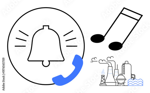 Communication, notifications, music, industry, environment, sound creation. Bell icon with a phone, musical notes and factory illustrations. Communication and notifications concept with industry