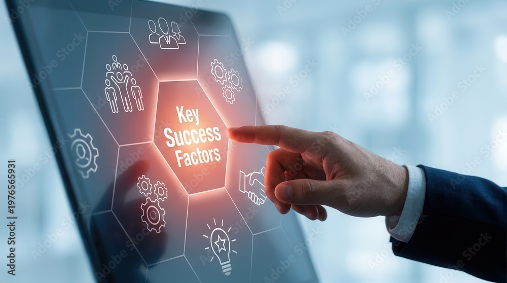 Fototapeta premium A business professional interacts with a glowing digital interface showcasing Key Success Factors for a strategic business framework.