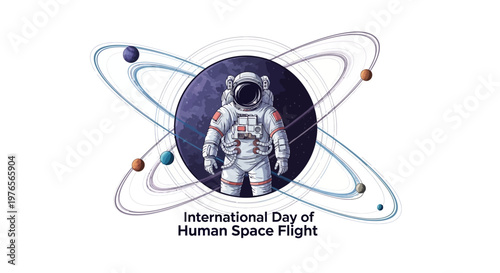 A detailed vector illustration celebrates International Day of Human Space Flight, featuring a central astronaut figure surrounded by stylized planetary rings and cosmic elements, set