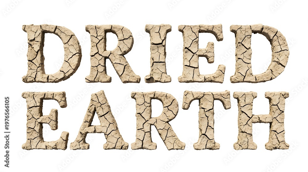 Naklejka premium Dried Earth Typography: A visual representation of environmental distress, featuring the words Dried Earth crafted with a texture of parched, cracked earth.