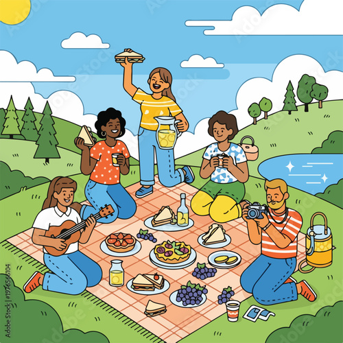 A group of friends is having a picnic with food, drinks, and music