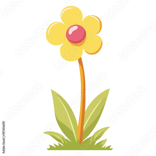 Simple spring flower design with bright yellow petals and red center cartoon style