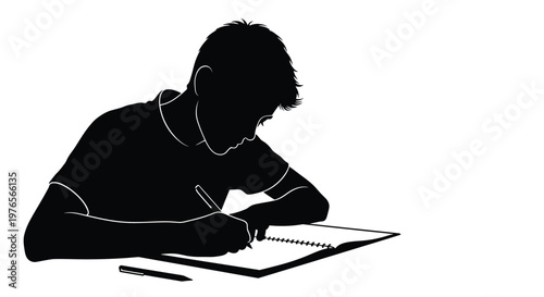 Young person focused intently on writing in an open spiral notebook with a pen, a clear vector graphic illustration for education, study, or creative design.