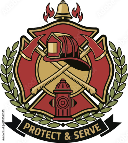 Retro Fire Department Crest Badge with Fire Helmet, Crossed Axes, Hydrant, Laurel Wreath, and Protect and Serve Banner