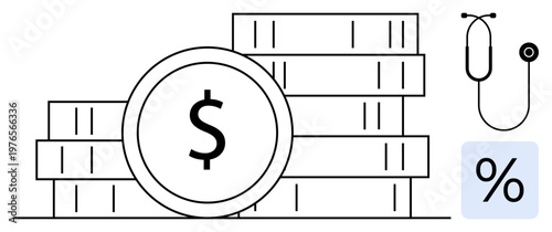 Financial planning, healthcare finance, savings management, economy, medical costs, investment planning. Coin stack with dollar sign, stethoscope and percentage symbol. Financial planning