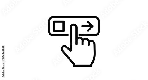 Minimalist vector graphic illustration showing a human hand pressing a digital button icon to trigger a forward action in a clean and modern user interface