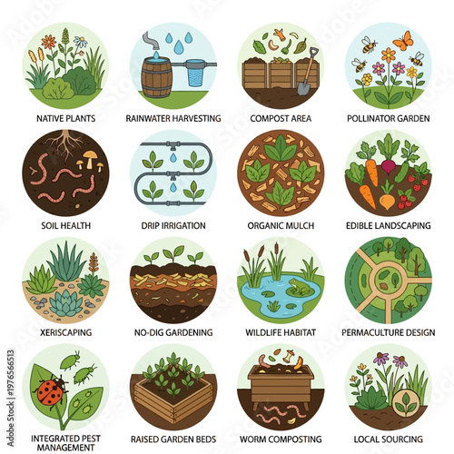 Top-view eco-sustainable garden symbols set featuring various permaculture practices and green living concepts icons.