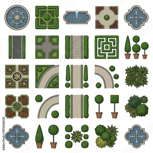 Top-down view luxury garden design symbols: fountains, pathways, hedges, and ornamental plants for elegant landscape planning.