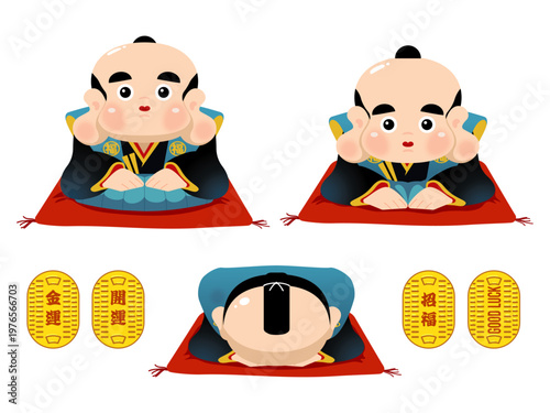福助のお辞儀と小判セット：商売繁盛・開運を招く縁起物イラスト素材