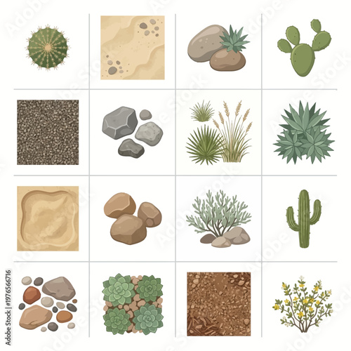 Top-down collection of desert landscape symbols: arid plants, natural rocks, and ground textures for environmental designs.