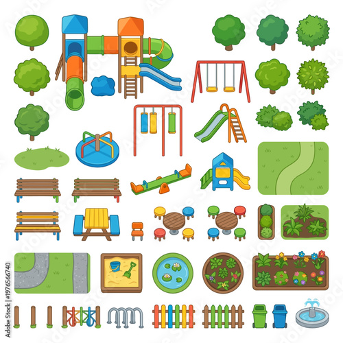 Top-down vector illustration set of outdoor children's playground and garden park elements for recreational design.