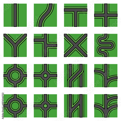 Top-down graphic symbols illustrating various road and pathway intersections, ideal for urban planning and mapping design projects.