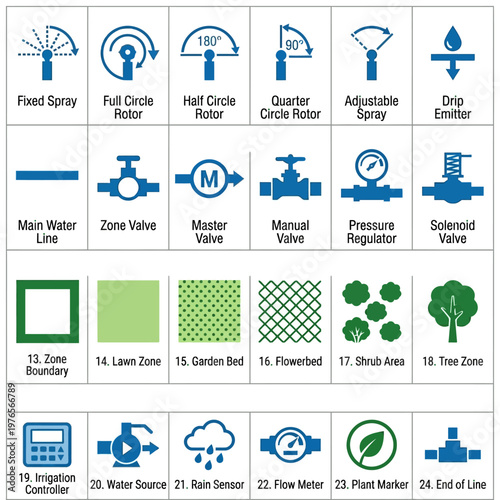 Top-down view of a comprehensive set of garden irrigation system symbols for landscape design and outdoor watering planning.