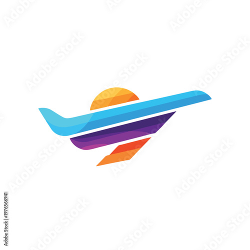 A stylized airplane flying past a geometric sun; modern travel design