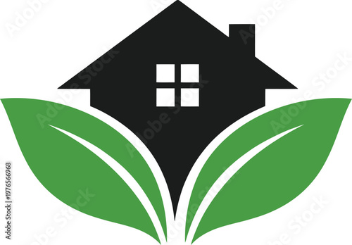 A simple and meaningful logo featuring a house roof combined with green leaves, symbolizing eco-friendly living, sustainability, and environmentally conscious real estate. The clean black and green co