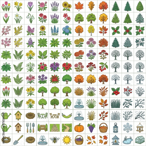 Comprehensive top-view illustrated symbols depicting diverse seasonal garden flora, trees, and outdoor elements.