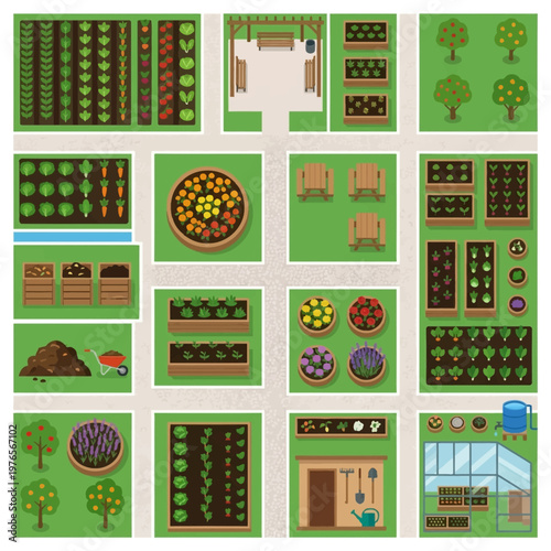 Top-down vector illustration showcasing a community garden with cultivated plants, essential tools, and recreational zones.