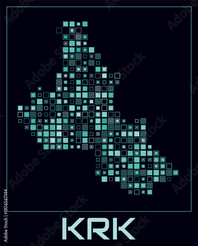 Krk digital style map. Large square dots on dark background. Dotted shape of the island. Krk map and title. Classy vector illustration.