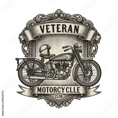 Veteran Motorcycle Club Emblem with Vintage Motorcycle.