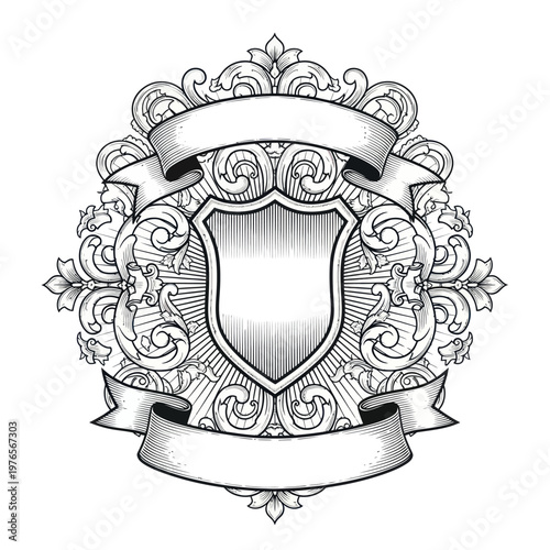 Ornate Heraldic Shield Emblem with Decorative Flourishes and Banners.