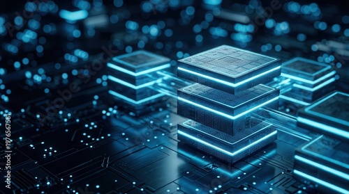 Glowing layered server stack on a circuit-like surface visualizes database migration and data flow between database nodes.