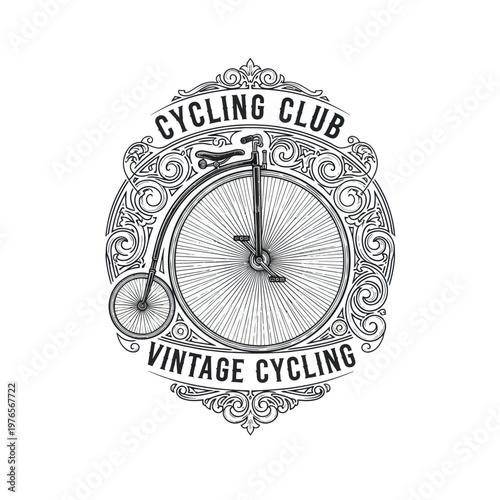 Vintage Cycling Club Emblem with Penny Farthing Bicycle.