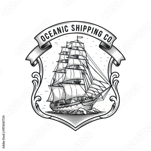 Vintage Oceanic Shipping Company Emblem with Tall Ship Illustration.