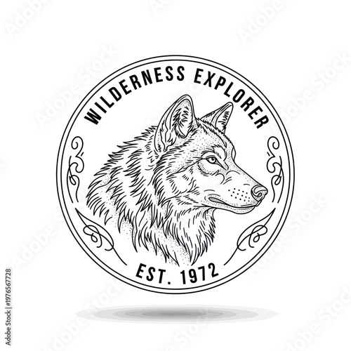 Wilderness Explorer Wolf Emblem Vintage Style.