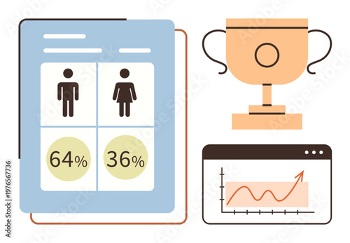 Data analysis, business reports, competition outcomes, goal tracking, education, success metrics. Gender percentages, graph trends trophy symbol. Data analysis and business reports concept