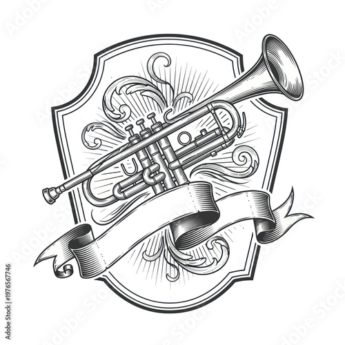 Vintage Trumpet Emblem with Ornate Scrollwork and Banner.