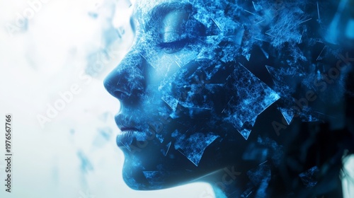 Abstract portrait of a woman with a blue, geometric pattern overlay.