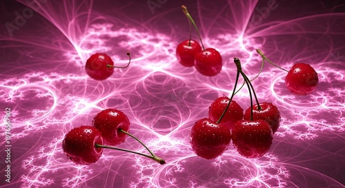 A vibrant and dramatic image of cherries on a glowing pink background
