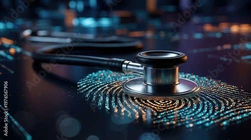 A stethoscope rests on an illuminated digital fingerprint, symbolizing medical cybersecurity risk and patient data protection.