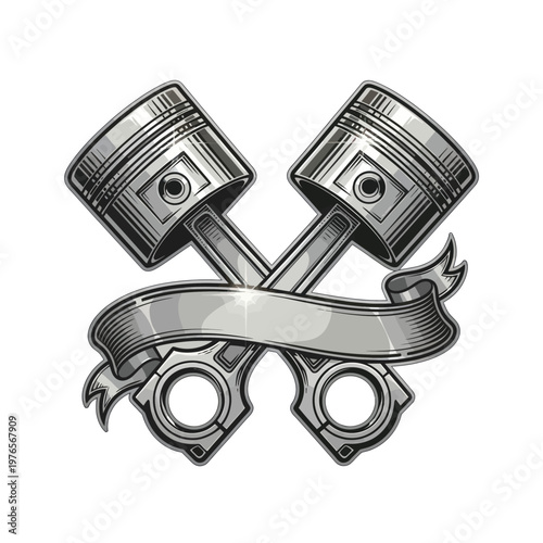Two Crossed Pistons with Ribbon Emblem.