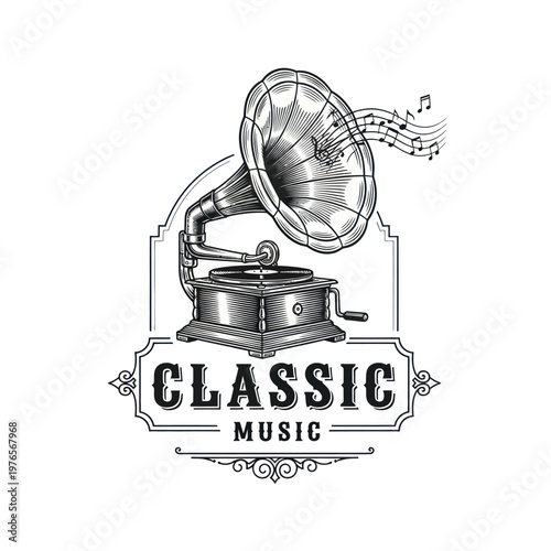 Vintage Gramophone Playing Classic Music Notes Illustration.