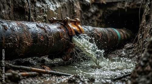 Burst sewer pipeline with a leaking joint, captured during emergency repair in a muddy excavation, showing a repair clamp and spray of wastewater.