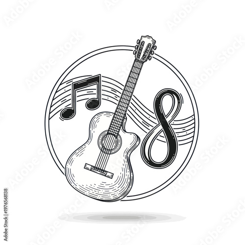 Acoustic Guitar with Musical Notes and Number Eight Symbol.