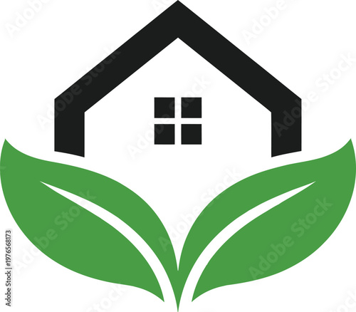 A simple and meaningful logo featuring a house roof combined with green leaves, symbolizing eco-friendly living, sustainability, and environmentally conscious real estate. The clean black and green co