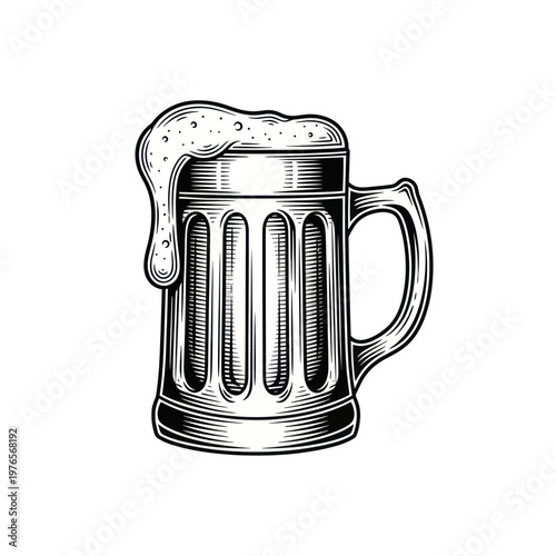 Vintage Beer Mug Overflowing with Frothy Foam Illustration.
