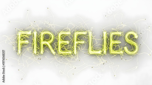 A vibrant, glowing yellow text spelling 'FIREFLIES' with electric tendrils emanating from the letters on a bright white background, creating an energetic and luminous effect.