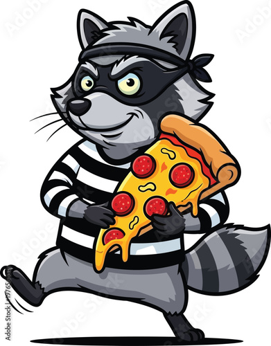 A raccoon dressed as a burglar is holding a slice of pizza