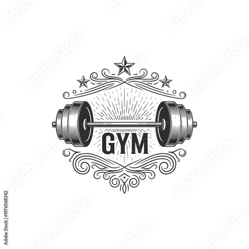 Vintage Gym Barbell Emblem with Stars and Ornate Swirls.