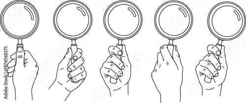Hand, drawn, magnifying, glass, icon, set, search, loupe, zoom, discovery, inspection, research, hand, holding, isolated, white, background, sketch, vector, outline
