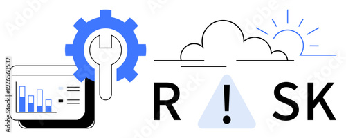 Risk management, business analysis, cybersecurity, cloud services, problem-solving, strategic planning. Gear, wrench cloud outline bar chart and risk text with exclamation. Risk management