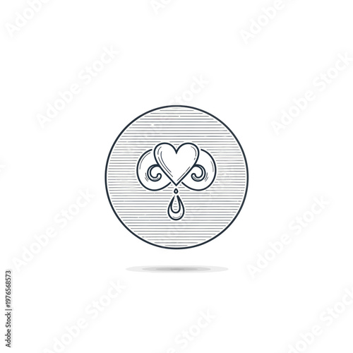 Hand Drawn Heart Symbol with Droplet and Swirls.