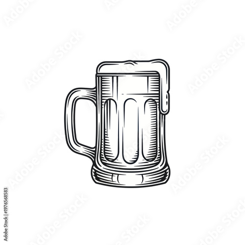 Vintage Hand Drawn Beer Mug With Frothy Head.