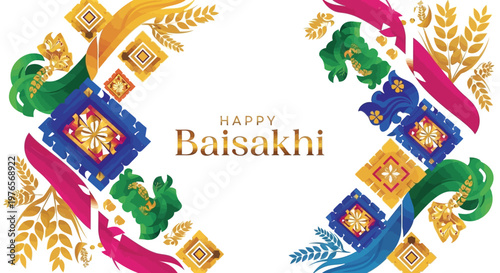 Vaisakhi festival is celebrated with a colorful vector design featuring traditional Punjabi harvest motifs and decorative elements in a symmetrical composition against a clean white