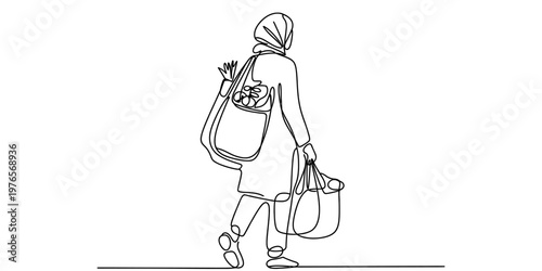 A continuous line drawing of a woman in a headscarf carrying several shopping bags full of items Vector, illustration